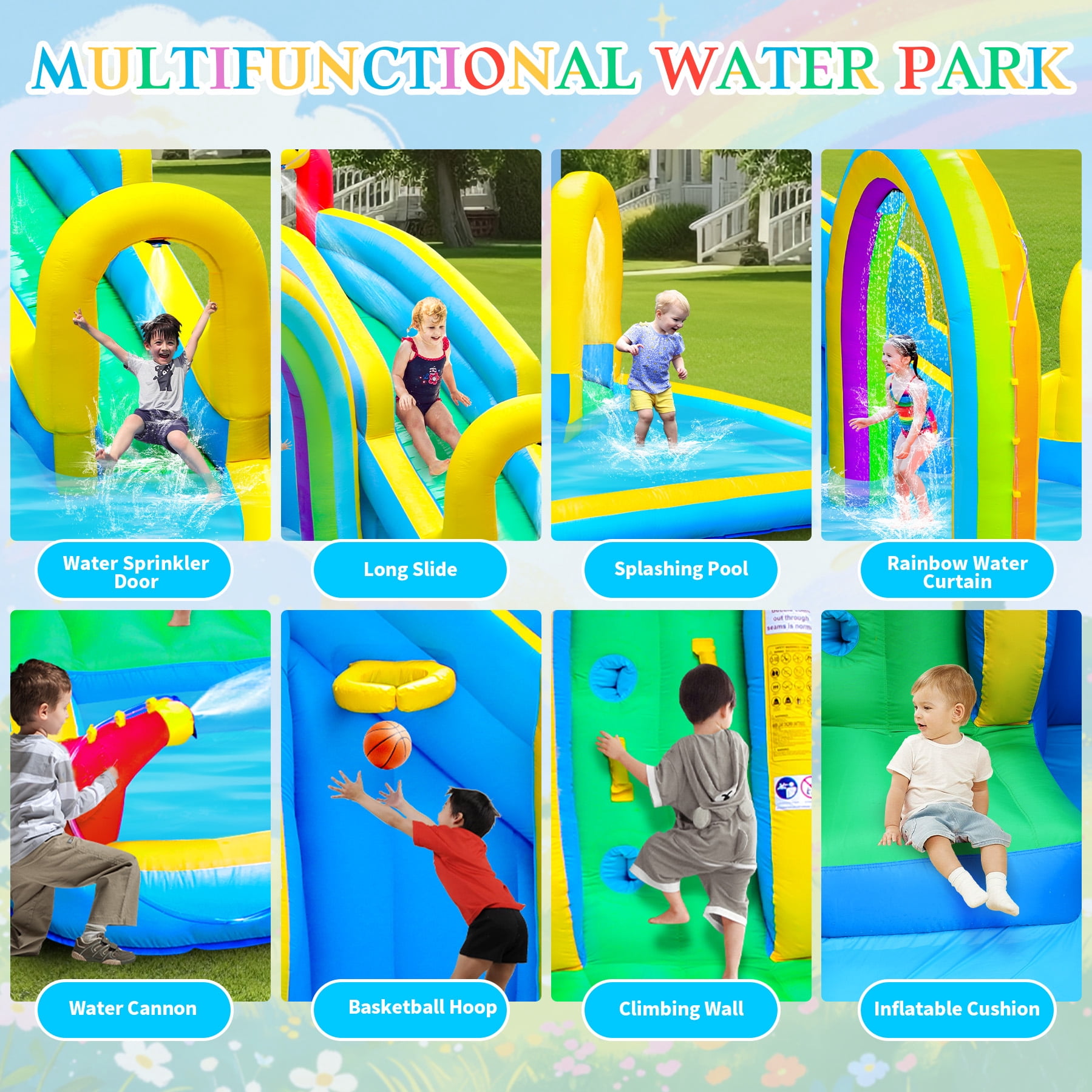 WELLFUNTIME Inflatable Water Slide Park with Blower, Bounce House for Kids with Splash Pool and Rainbow Sprinkler