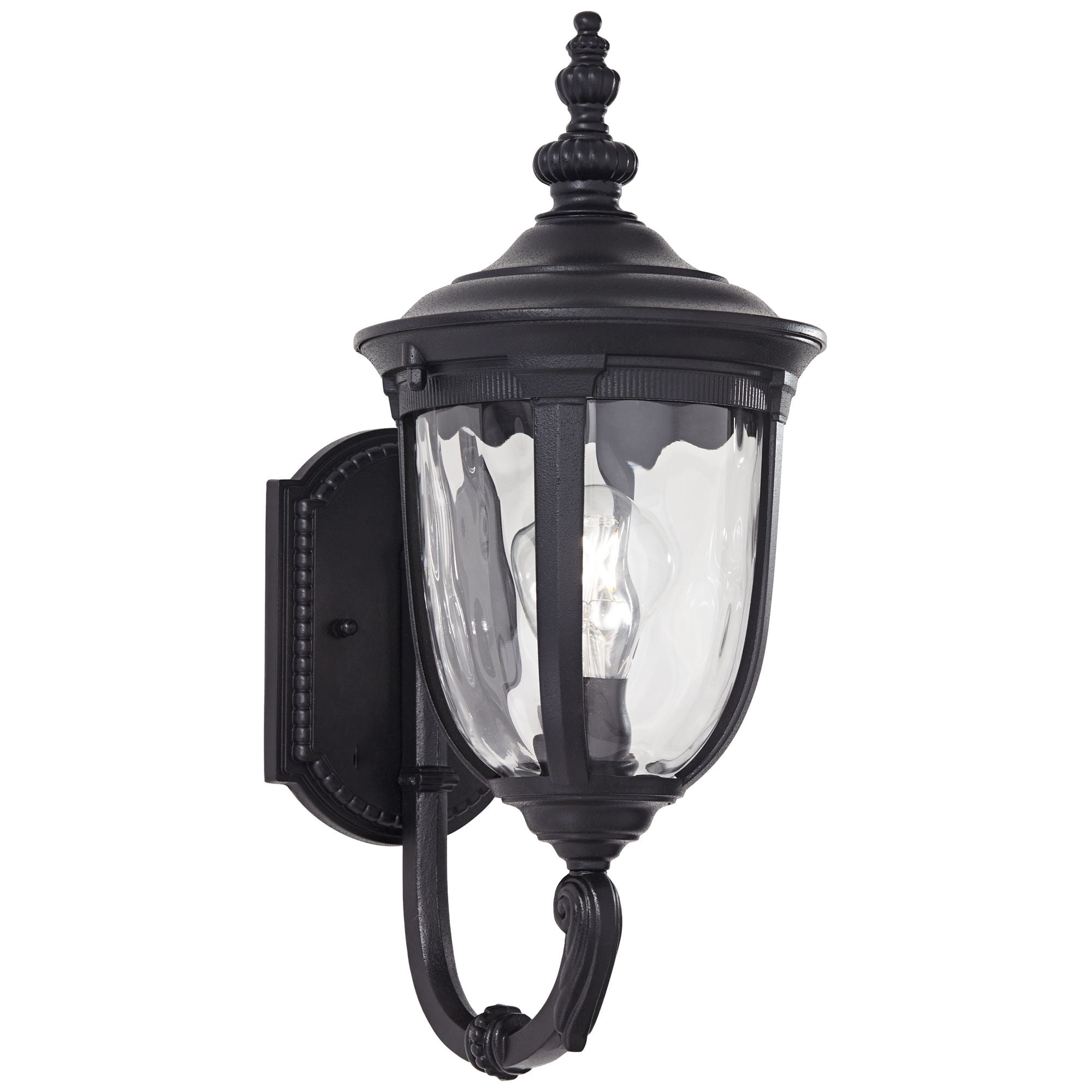 John Timberland Bellagio Vintage Outdoor Wall Light Fixtures Set of 2 Textured Black Metal 16 1/2" Clear Hammered Glass Post Exterior Barn