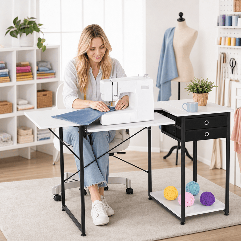Sewing Table, Sewing Machine Table with Drawers, Foldable Side Shelf, Adjustable Shelf, Steel Legs, Computer Desk for Home, Fashion Studio, Art Studio, Educational Institution