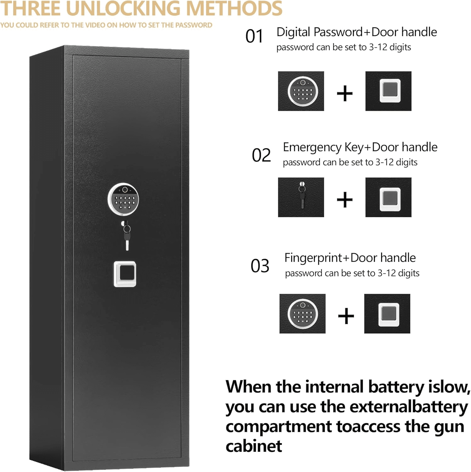 Fireproof Gun Safe,14-16 Black Gun Safe With Biometric Gun Safes,Large Rifle Safe for Home for Rifles and Pistols,Gun Cabinet with Adjustable Shelves,No Assembly Required