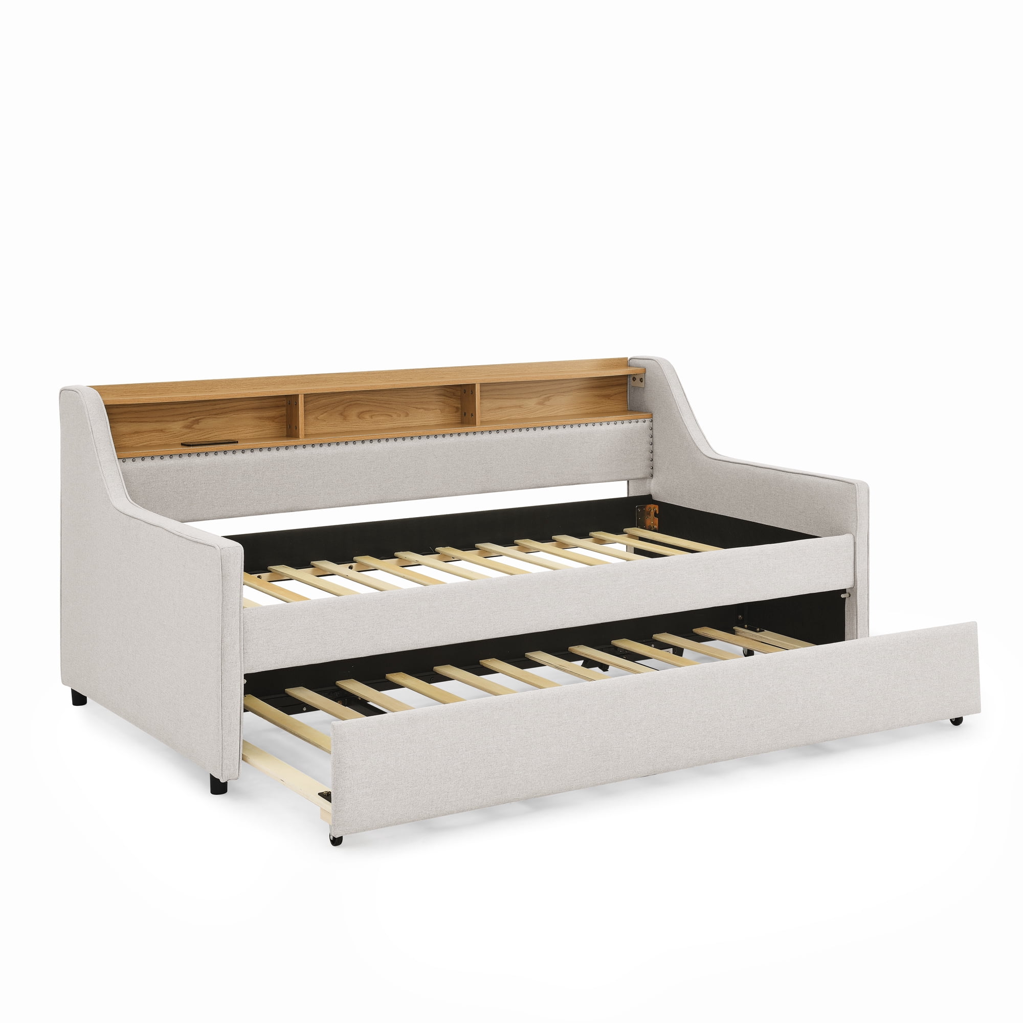 Leumius Twin Size Upholstered Daybed with Trundle,Comfy Sofa Bed with LED Lights,Wireless Charging,Storage Adjustable Headboard,Beige