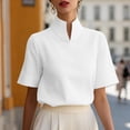 thumbnail image 6 of Women's Solid V-Neck Work Blouse Short Sleeve Stand Collar Business Casual Office Shirt, 6 of 7