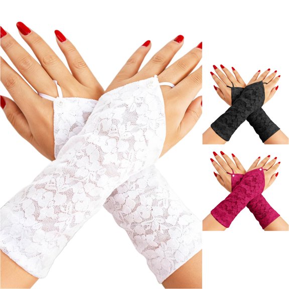 Ticikt Women Short Fingerless Lace Gloves, Floral Lace Wrist Gloves for Wedding Prom Party Costume Accessories,White
