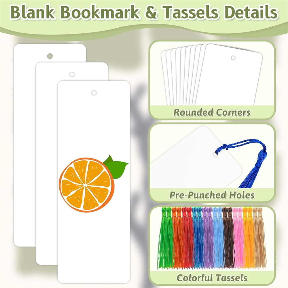 MODANU 100 Pcs Blank Bookmarks with 100 Pcs Tassels, DIY Bookmarks Bulk, Heavyweight Paper Book Marks Making Kits for Classroom Projects and DIY Craft, 6 x 2 Inches
