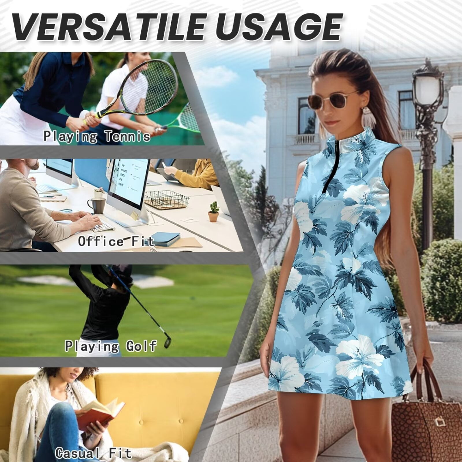 Yuyamidu Blue Hibiscus Flowers Womens Workout Golf Dresses Sleeveless Tennis Dress Build in Shorts with Pockets Tennis Dress for Women Quick Dry Golf Outfit Size 2XL