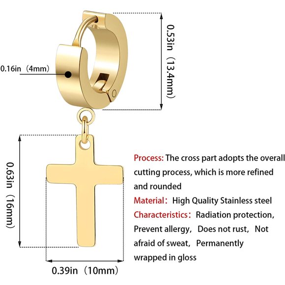 3 Pairs of Cross Earrings Dangle Hinged Men Earrings Stainless Steel Cross hoop Earrings for Men and Women ,Silver,Gold ,Black