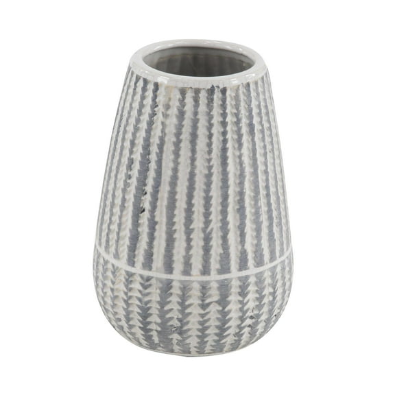 DecMode 10" White Ceramic Vase with Stripes
