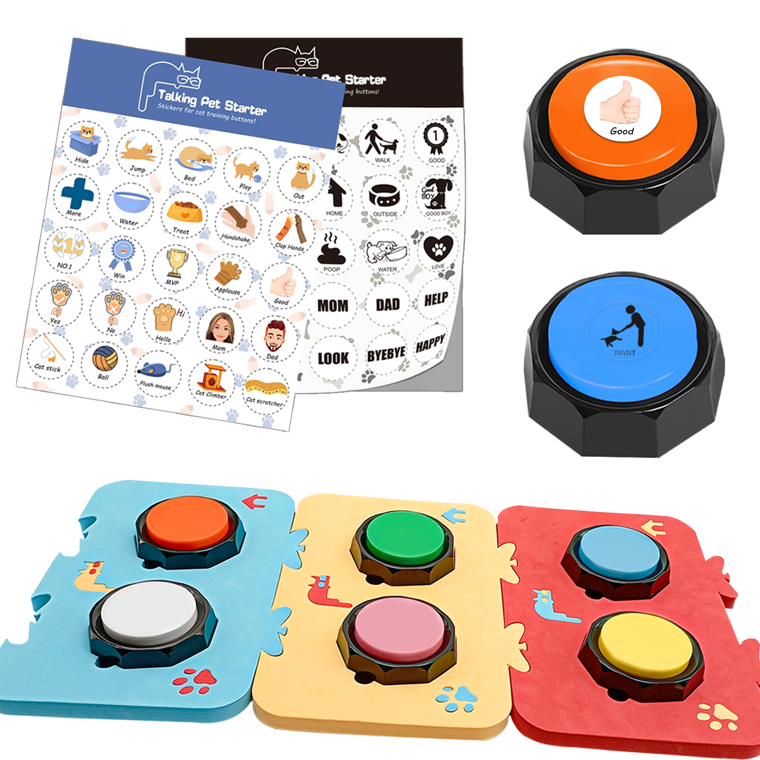BOSKEY Set of 6 Dog Buttons，Including 3 mats,25 Stickers, Training