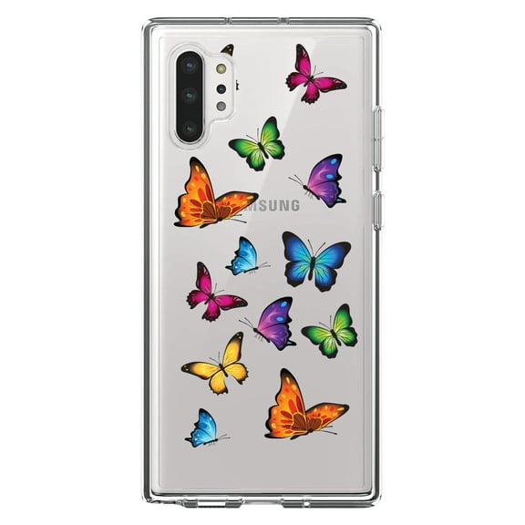 DistinctInk Clear Shockproof Hybrid Case for Galaxy Note 10 PLUS (6.8" Screen) - TPU Bumper Acrylic Back Tempered Glass Screen Protector - Rainbow Butterflies Butterfly