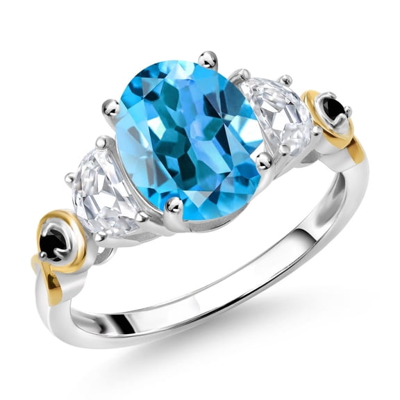 Gem Stone King 925 Silver and 10K Yellow Gold 3-Stone Ring Oval Swiss Blue Topaz and Moissanite (2.76 Cttw, Size 5)