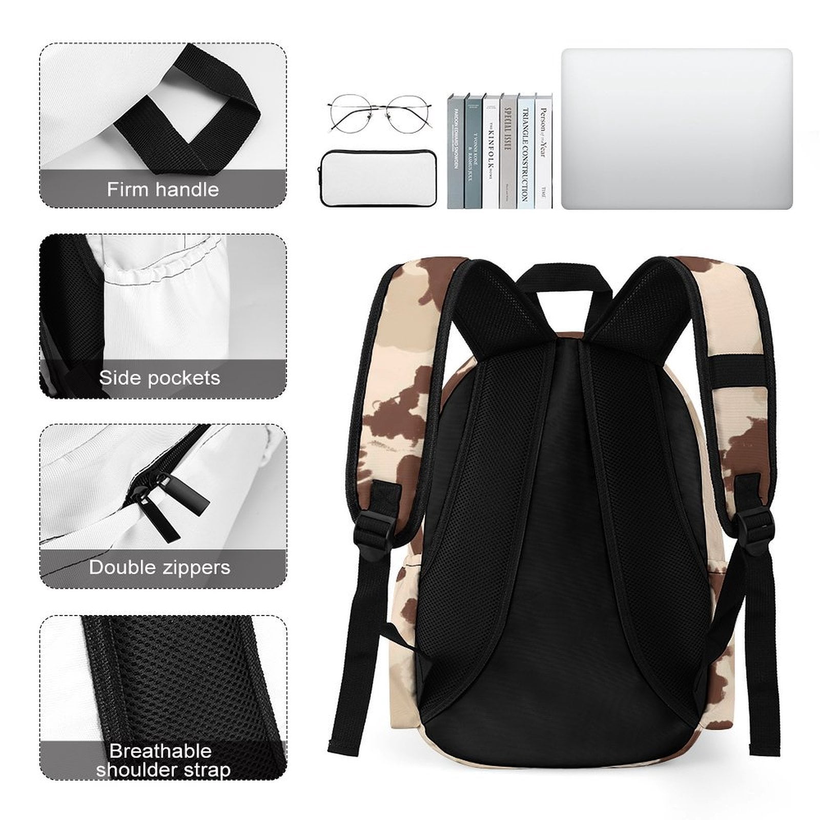 Large Capacity Half Print Backpack 11.8×16.5×5.9in Multifunctional Zipper Design Convenient Switch Brown Cow Pattern