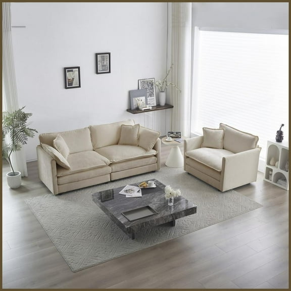 Modern Beige Chenille 2-Piece Loveseat & Accent Chair Set – Solid Wood Frame Living Room Furniture