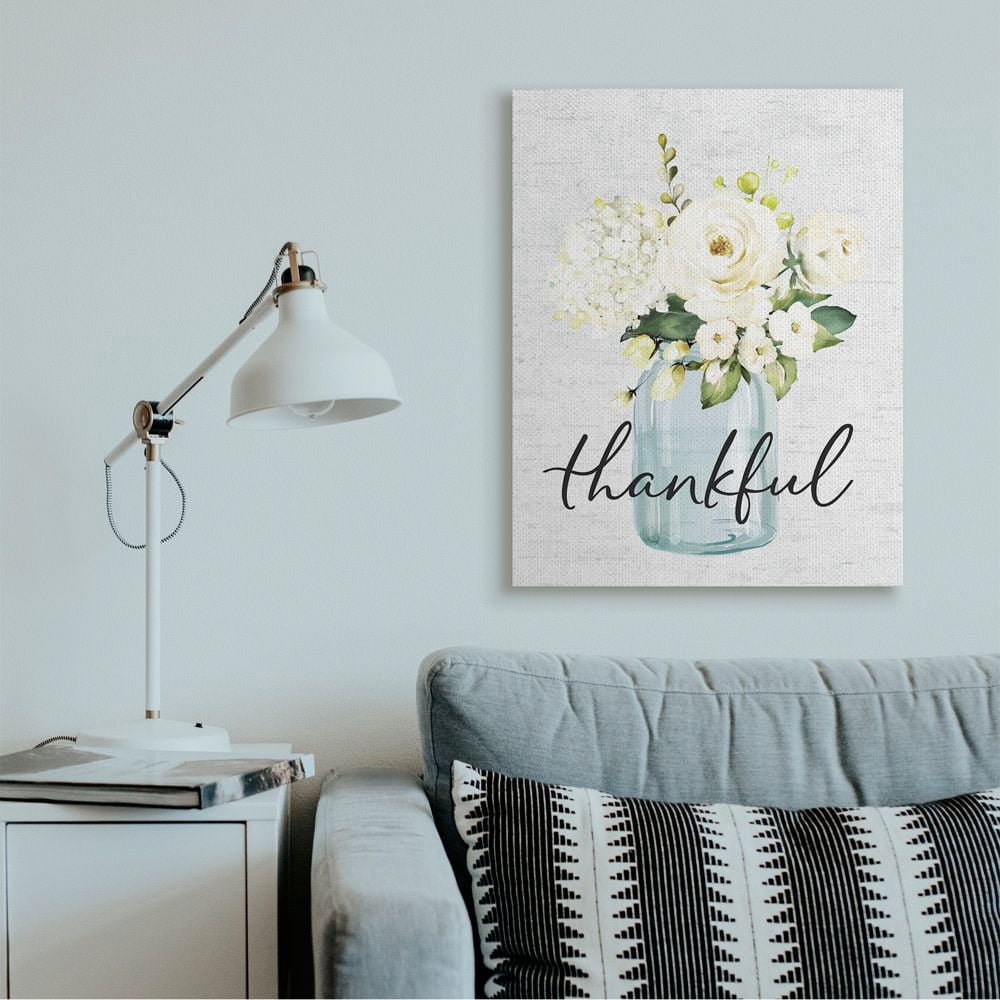 Stupell Industries Simple Thankful Phrase Over Country Floral Jar Canvas Wall Art Design by Lettered and Lined, 30" x 40"