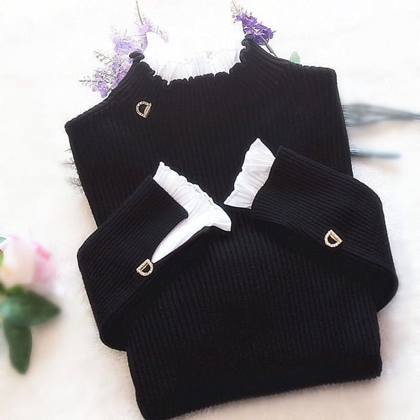 Suéter de punto, suéter de base de cuello semialto, suéter falso de dos piezas, cuello de oreja, top de manga de mujer para otoño e invierno
