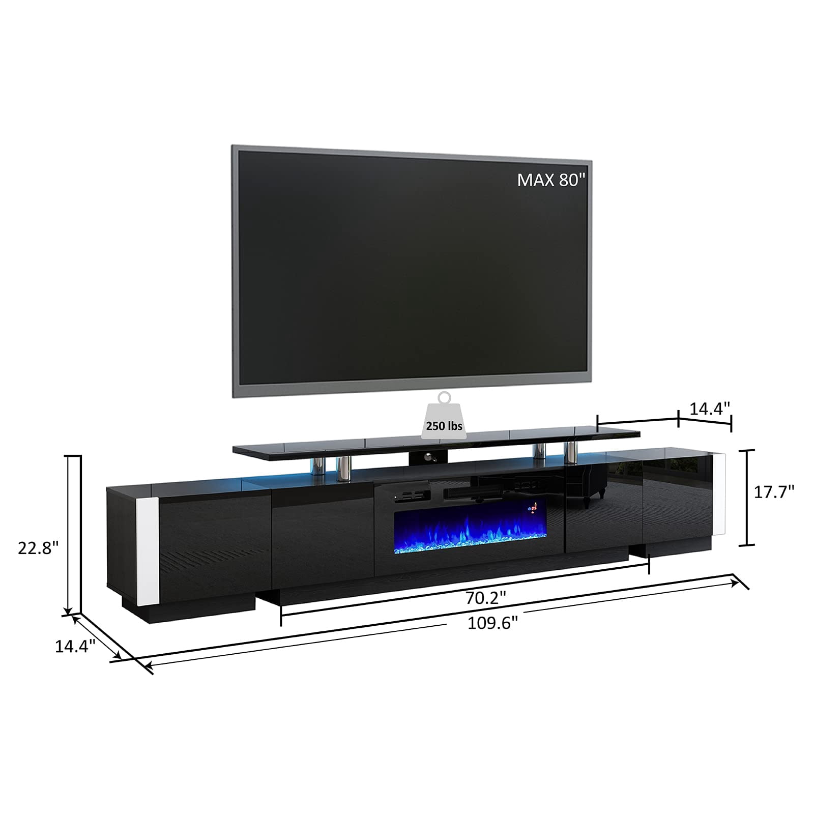Amerlife 110" Large Fireplace TV Stand Set with 36" Electric Fireplace, Modern High Gloss TV Console Table for 80" TV, Black