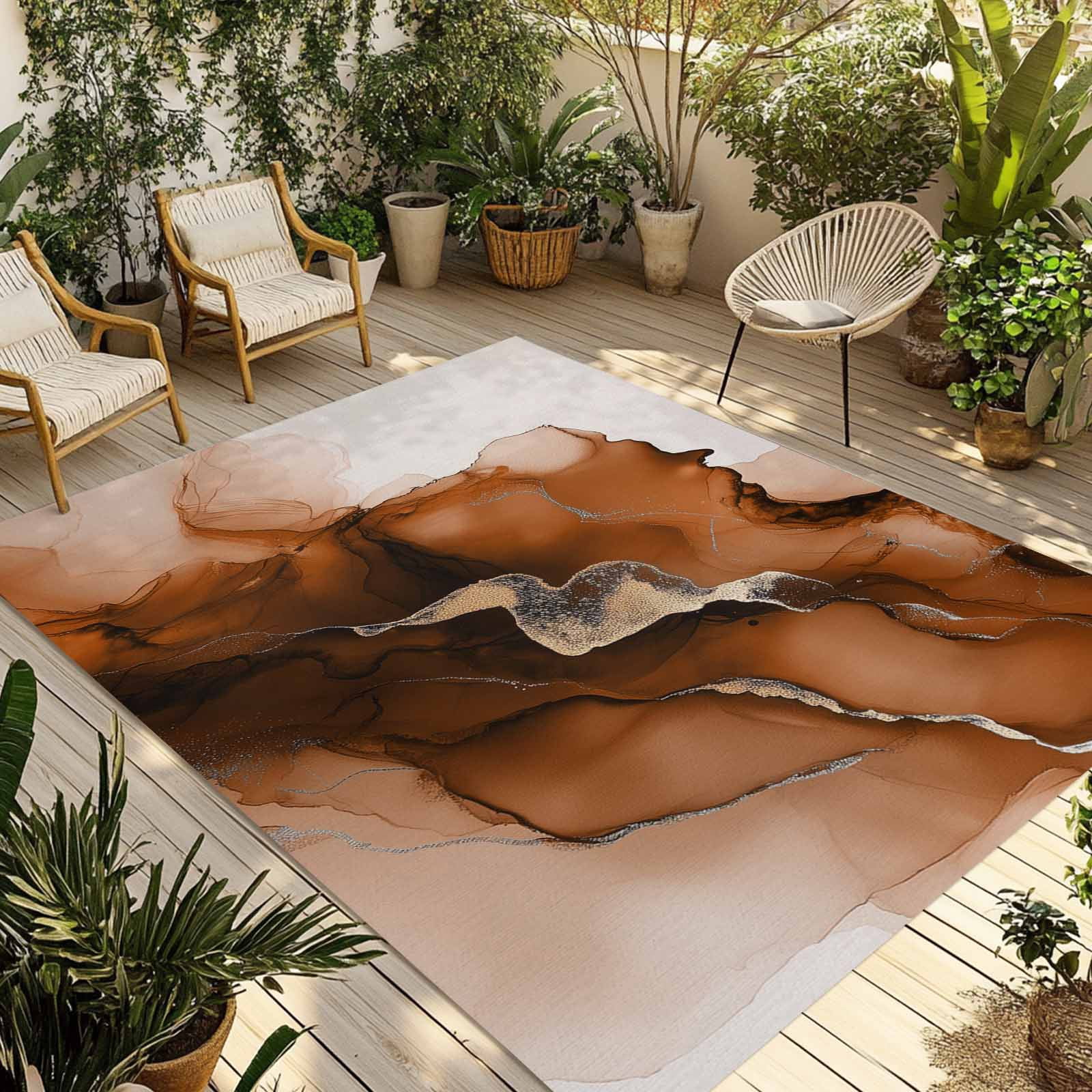 Outdoor Rug 5x8ft Abstract Ombre Chestnut Marble Large Area Rug White Modern Art Indoor Outdoor Carpet Outdoor Rugs Mats for Patio Camping,RV,Front Door, Outside Decor
