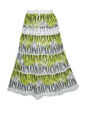 Mogul Women's Green Maxi Skirt Printed Broomstick Gypsy Bohemian Fashion Hippie Chic Long Skirts