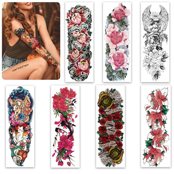 Aresvns Hermoso tatuaje temporal de primavera para mujeres y niñas (L19xW7) Tatuajes falsos de brazo completo Flores Mangas de tatuaje temporales impermeables Regalo de Navidad