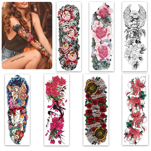 Aresvns Hermoso tatuaje temporal de primavera para mujeres y niñas (L19xW7) Tatuajes falsos de brazo completo Flores Mangas de tatuaje temporales impermeables Regalo de Navidad