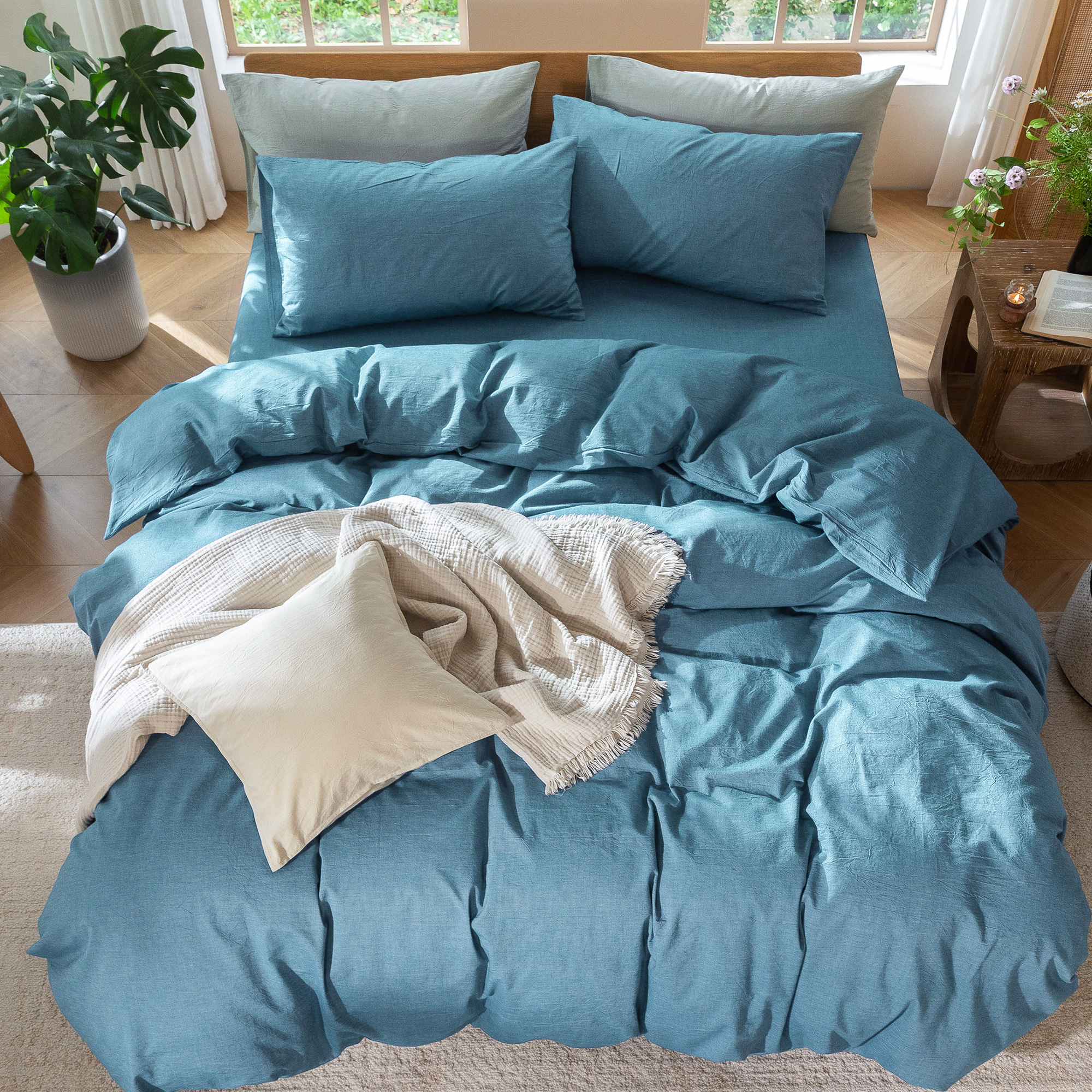 MooMee Duvet Cover Set Full 100% Washed Cotton Linen Like Textured Breathable Lightweight 3-Piece (Peacock Blue, 80"x90")