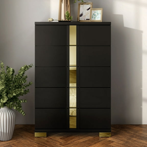 Furniture of America Chora Adult Modern 5-Drawer Solid Wood Bedroom Vertical Dresser, Black and Gold