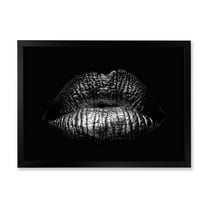 Designart 'Sexy Golden Metallized Woman Lips I' Modern Framed Art Print