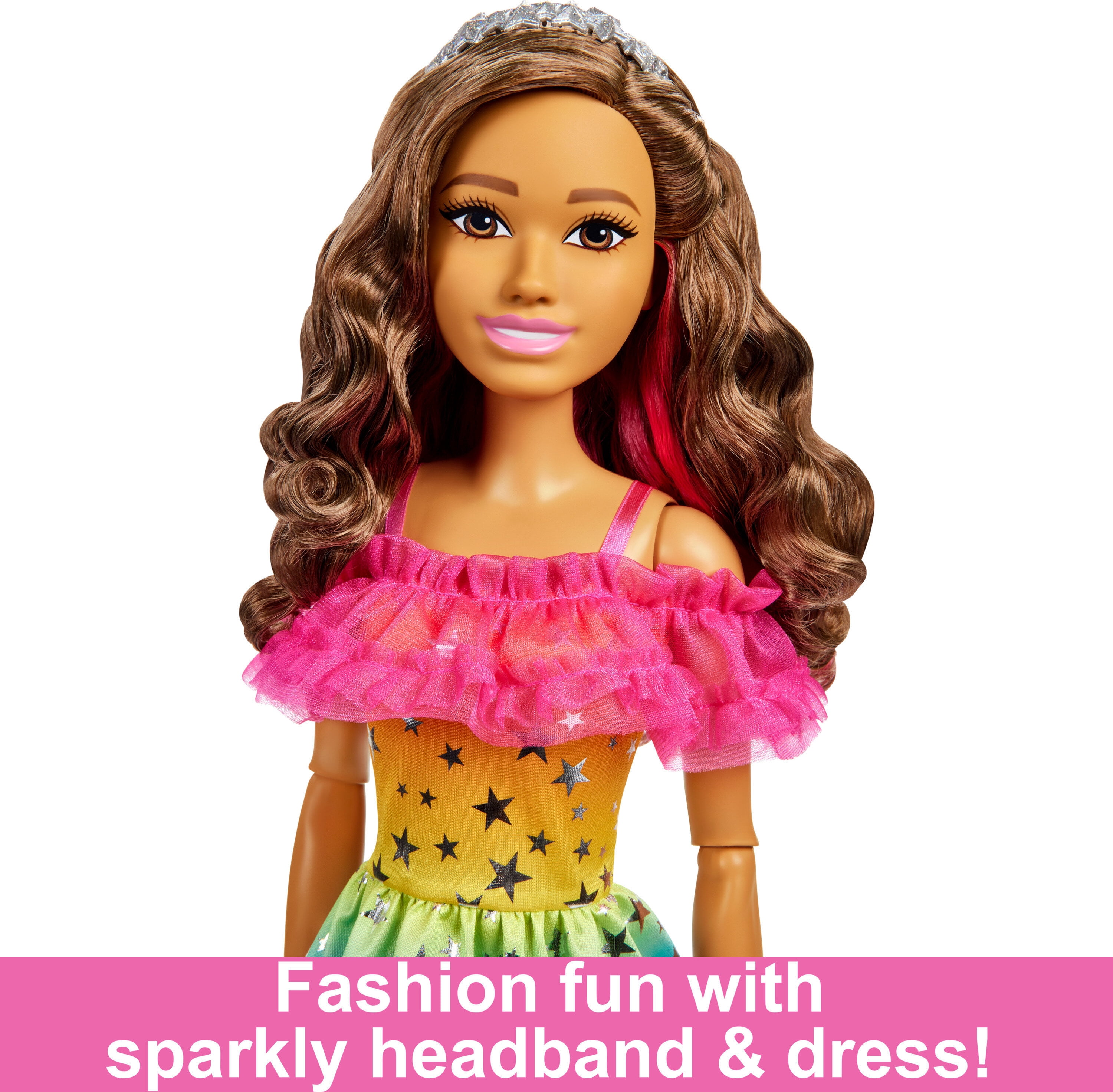 Large Barbie Doll, 28 Inches Tall, Brown Hair and Rainbow Dress