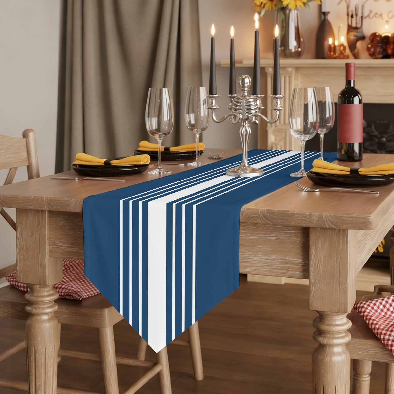 Navy Blue White Stripe Table Runner Linen Burlap Table Runner 90 Inches Long Modern Rustic Vertical Striped Dresser Scarves for Kitchen Island Coffee Dining Room Party Holiday Decoration 13"x90"