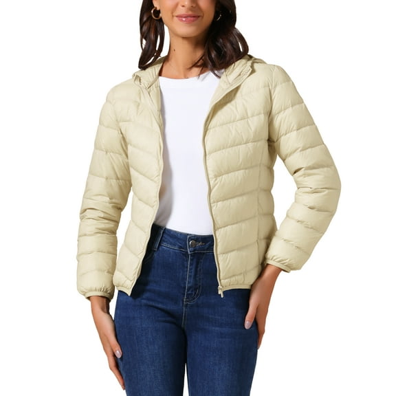 INSPIRE CHIC Women's Short Down Coat Packable Hooded Puffer Jacket Winter Ultra Light Outerwear S Apricot White