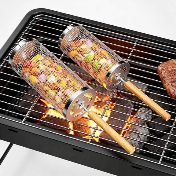 USIONE 2 Pack Rolling BBQ Grill Basket, 304 Stainless Steel Rotisserie Cage with Removable Handle, Portable Grilling Tools for Outdoor Camping, Perfect Gifts for Men Dad