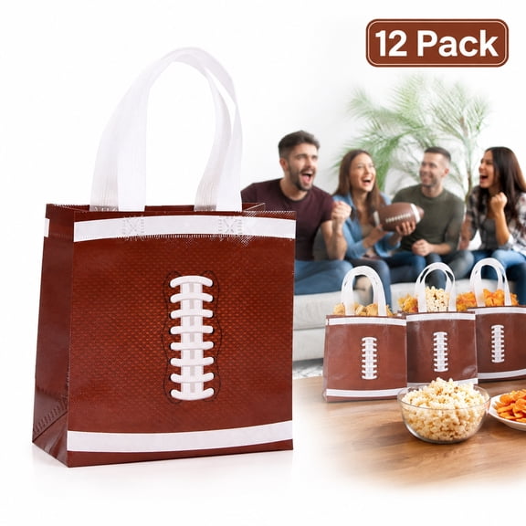 12 Pack Non-Woven Football Goody Bag, Sports Party Favor Tote with Handles for Game Day, Brown