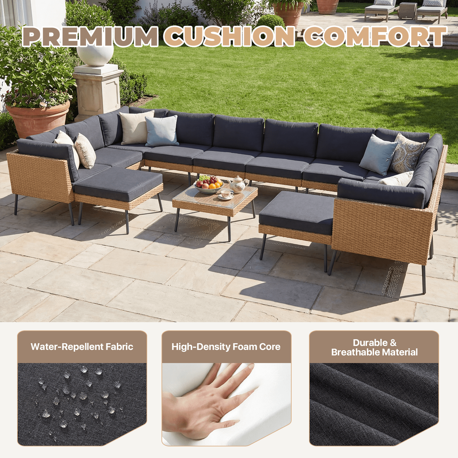 BaPiPro 13-Piece Outdoor PE Rattan Sectional Sofa Set, All-Weather Patio Conversation Set with Cushions & Tempered Glass Coffee Table, Suitable for Courtyard, Backyard and Garden, Black