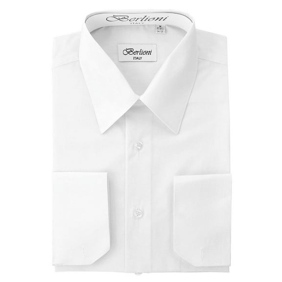 Berlioni Italy Men's Convertible Cuff Solid Long Sleeve Dress Shirt Snow White