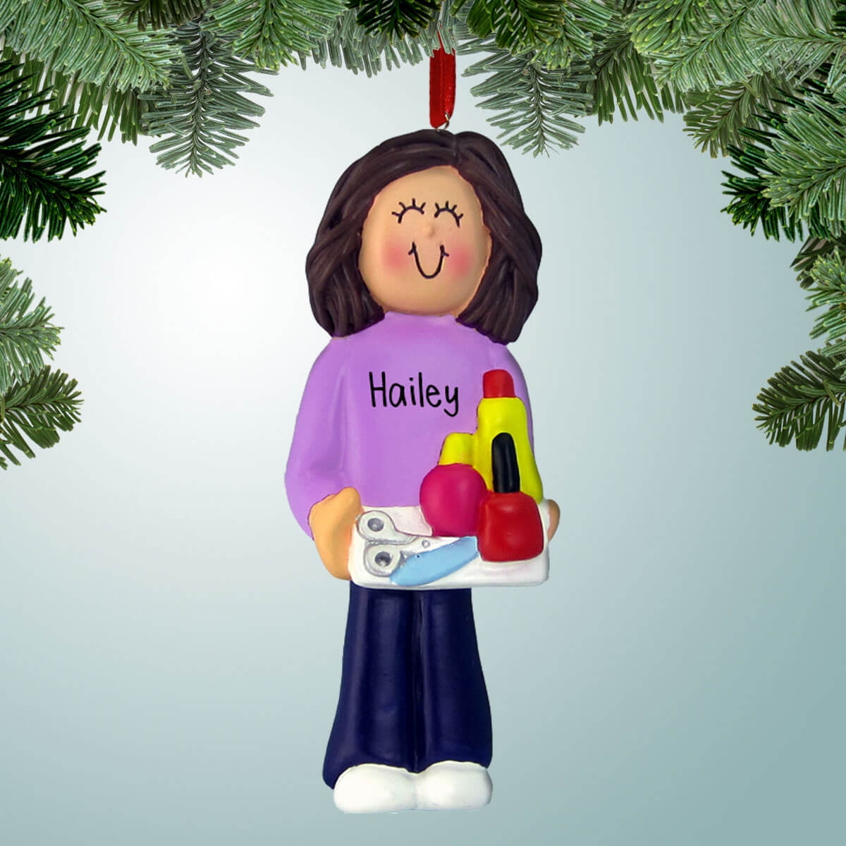 Personalized Manicurist with Purple Shirt Brown Christmas Ornament Beauty School Salon