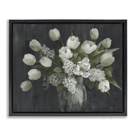 Stupell Industries Traditional Tulips on Gray Plants & Flowers Painting Black Floater Framed Canvas Art Print Wall Art, 21 x 17