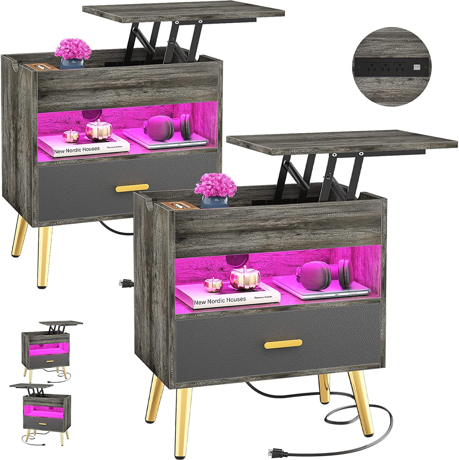 Homieasy Nightstand Set of 2 with Reversible Lift Top, 35'' Tall