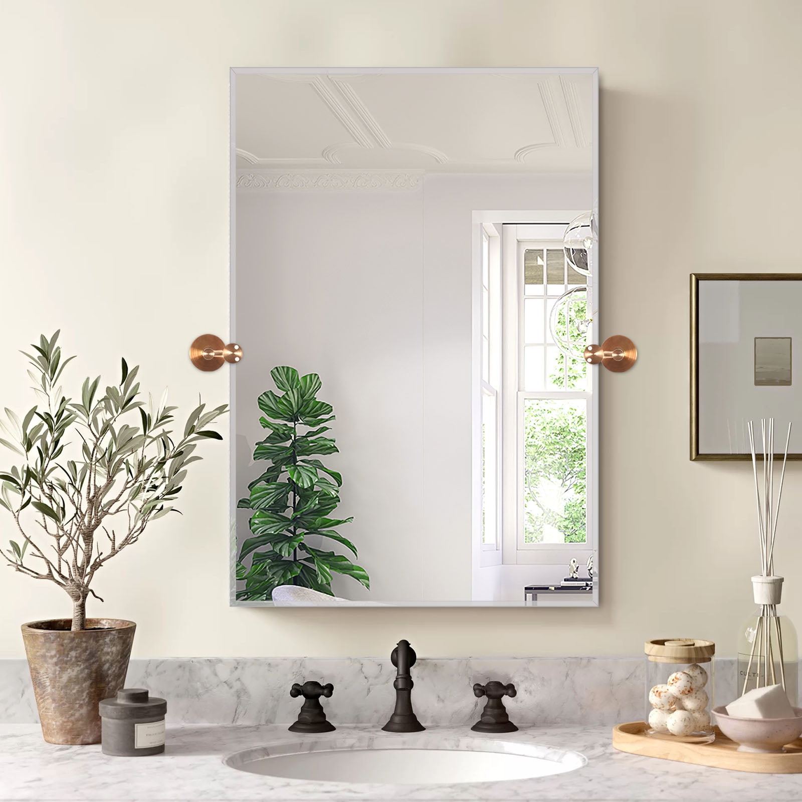 Neutype Tilting Pivot Rectangle Mirror with Polished Brass Wall Anchors