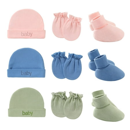 

rygai 3Pcs/Set Newborn Beanie Anti-fading Keep Warm Cotton Blend New Born Baby Hat Gloves Socks Photography Prop for New-parent Blue