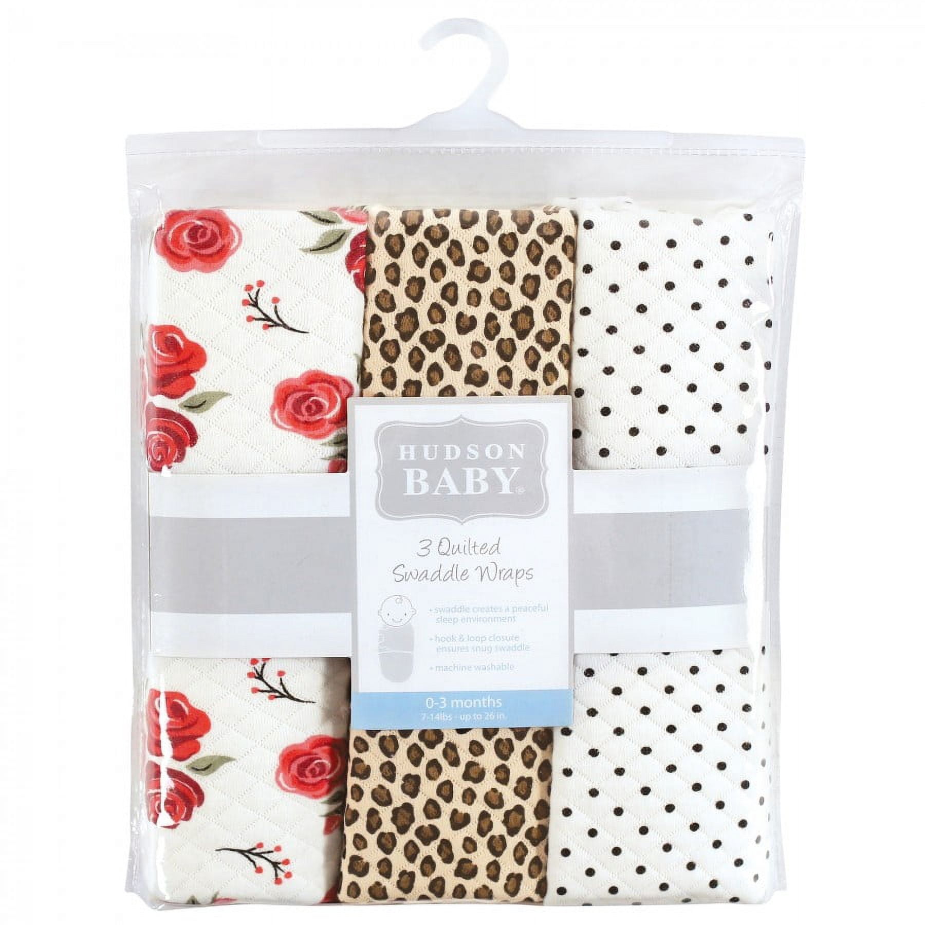Hudson Baby Infant Girl Quilted Cotton Swaddle Wrap 3pk, Rose Leopard, 0-3 Months