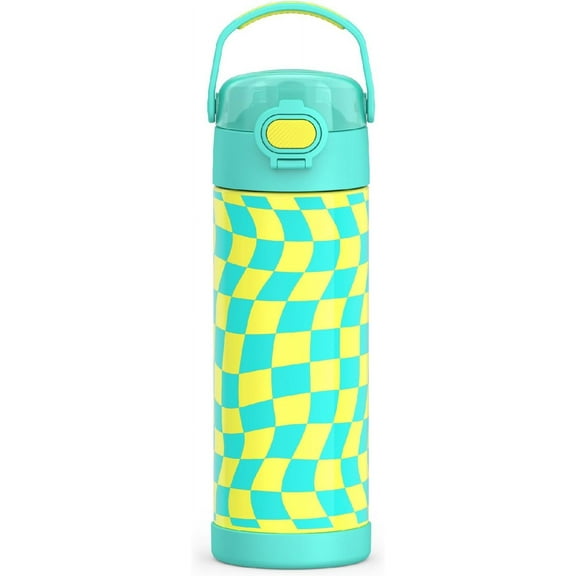 470mL Stainless Steel Non-Licensed FUNtainer® Bottle with Spout and Locking Lid, Wavy Checkers Teal