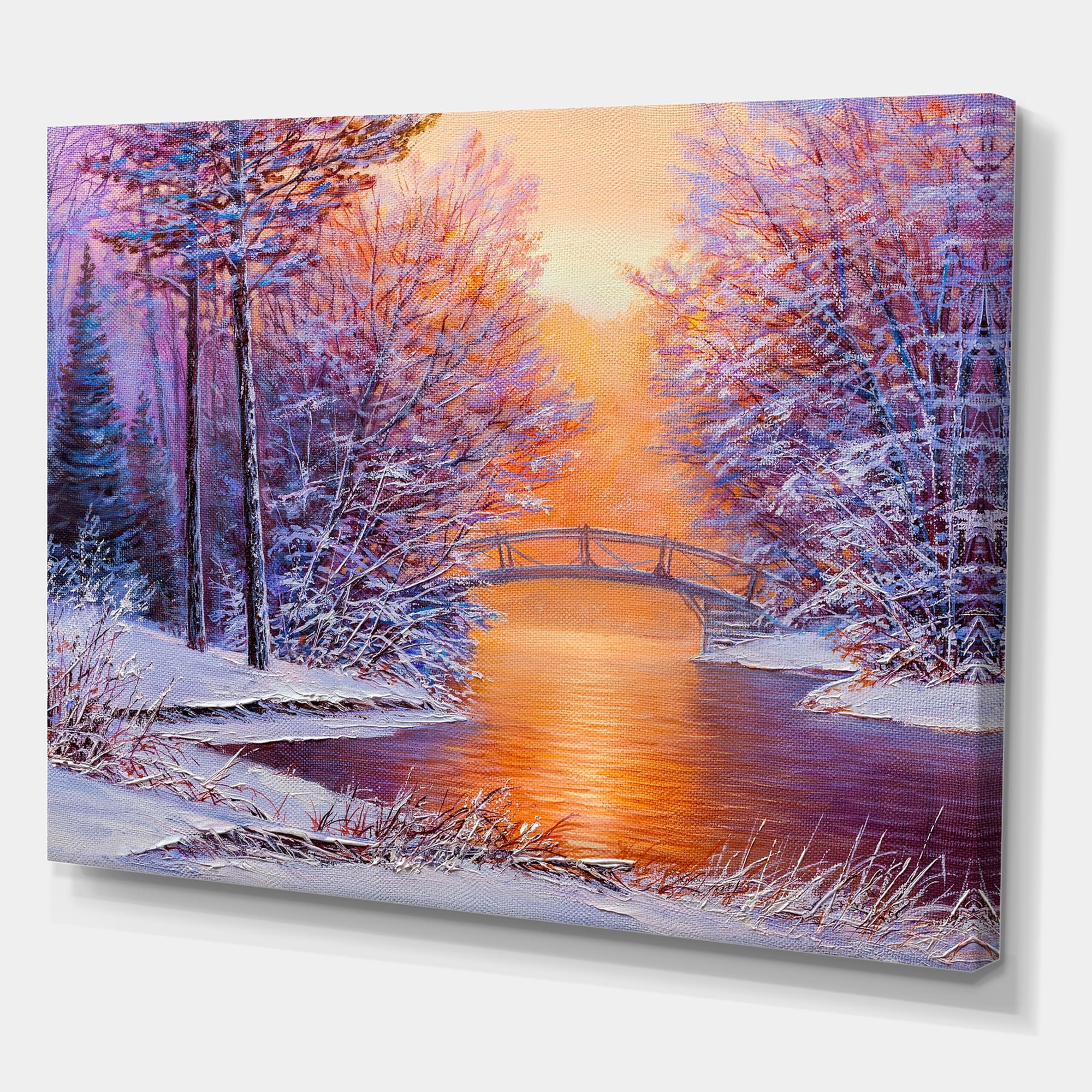 Designart ' Winter Landscape With Bridge Over The River ' Traditional Canvas Wall Art Print