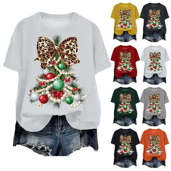 idosla Faux Glitter Green Floral Christmas Tree with Red Dots Bow Shirt for Women Teens and Girls (Grey, M)