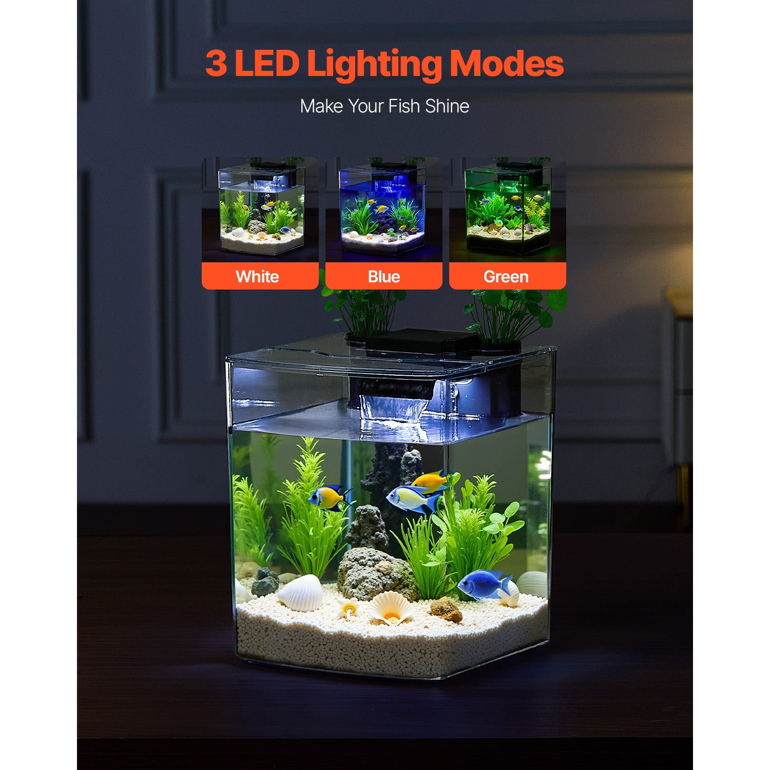 LINJH Small Fish Tank 2 gal Plastic Aquarium Starter Self Cleaning LED Light