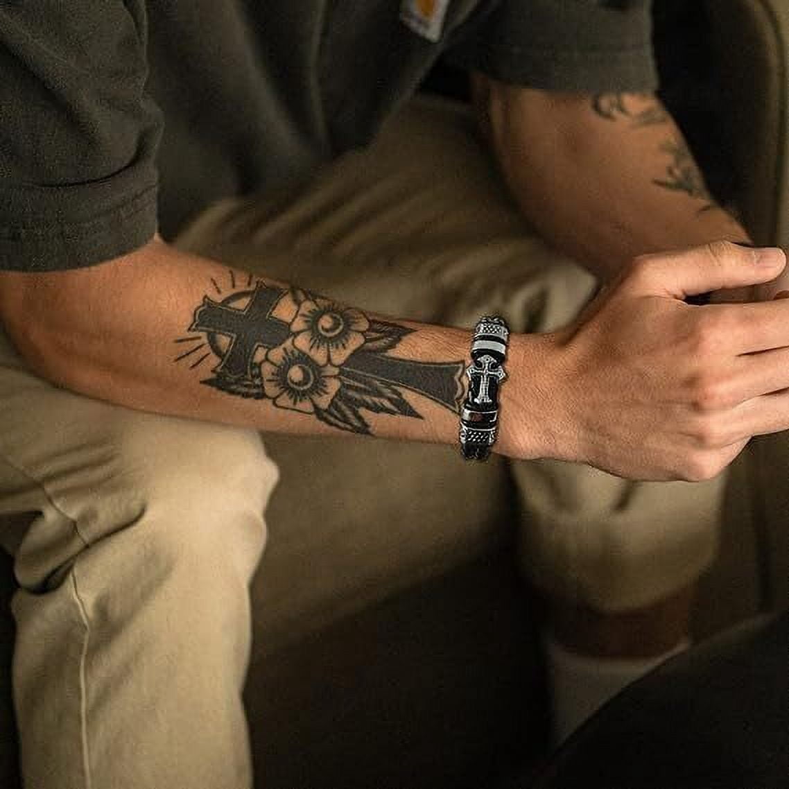 Raymard Mens Christian Cross Double Row Leather Bracelet - 6.8" Black Braided Bracelet for Men