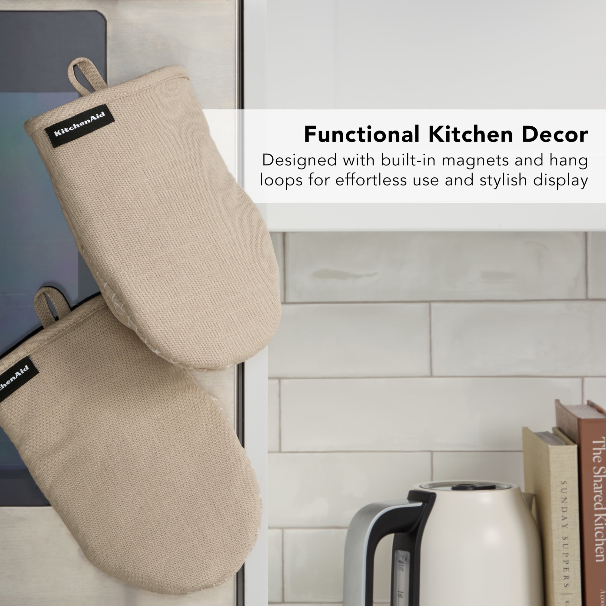 KITCHENAID Gourmet Series Gridlines Mini Oven Mitts 2-Pack Set, Heat Resistant up to 600°F, Soft Silicone Grip, Magnetic Cuff, Milkshake Tan, 5.5"x9"