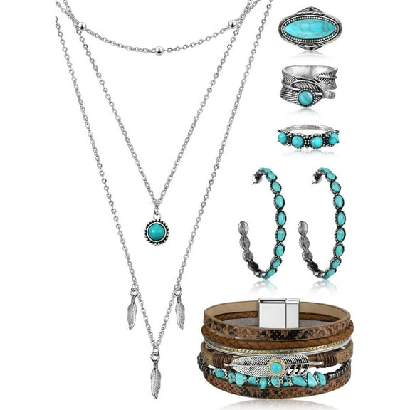 Bohemian Western Jewelry Turquoise Set Women Bohemian Pendant Long Choker Layered Bracelets Turquoise Earrings Ring Necklace