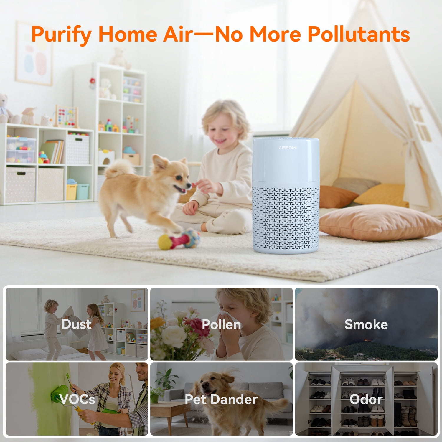 AIRROMI Air Purifiers for Home Room Covers 660 sq.ft, H13 True HEPA Filter, for Allergies,Pet Dander,Pollen,Odor,Smoke, with Night Light, A2002S,Blue