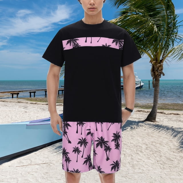 Men's Suits Casual Hawaii Coconut Tree Print Shirt with Drawstring Waist Shorts Set for Everyday Wear