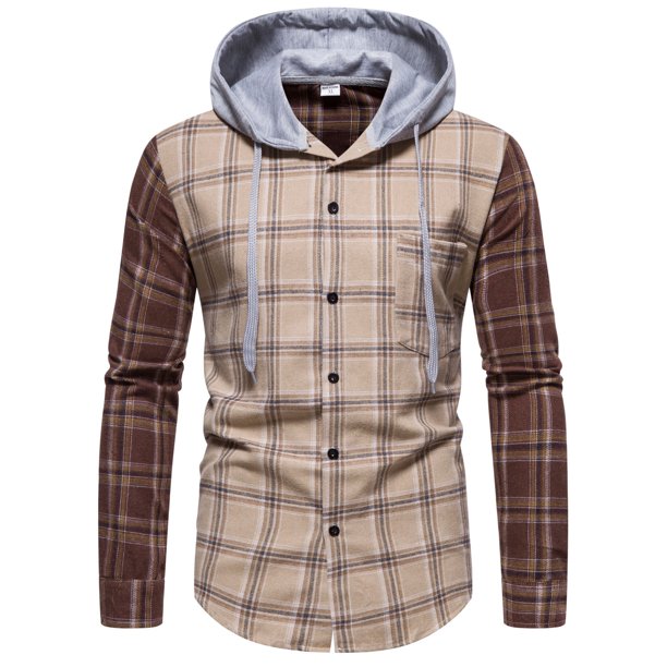 Camisas De Vestir Para Hombre Manga Corta Camisa de manga larga con cuello encapuchado para hombre, informal, de invierno y primavera, con estampado a cuadros, blusa (Khaki, M)