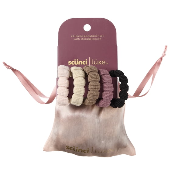 Scunci by Conair Textured Ponytailers Hair Ties, Neutral Tones with Storage Bag, 24 Count